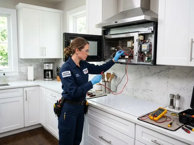 Appliance Repair Hero technician testing an over-the-range microwave in a Aledo, TX kitchen